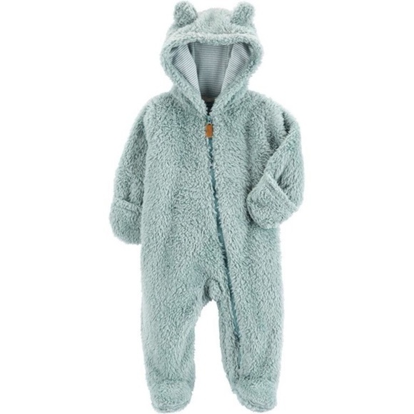 Carter's • Baby 3 Months Hooded Sherpa Bunting Pram - Green - Picture 1 of 6